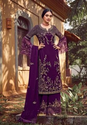 Purple Embroidered Georgette Kurta Set