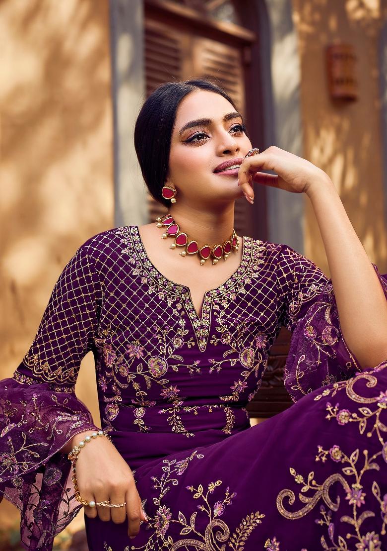 Purple Embroidered Georgette Kurta Set - Indya