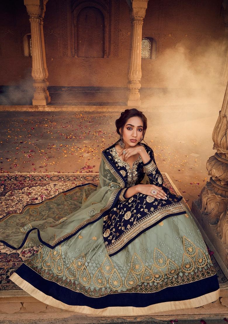 Blue Embroidered Silk Kurta Set - Indya