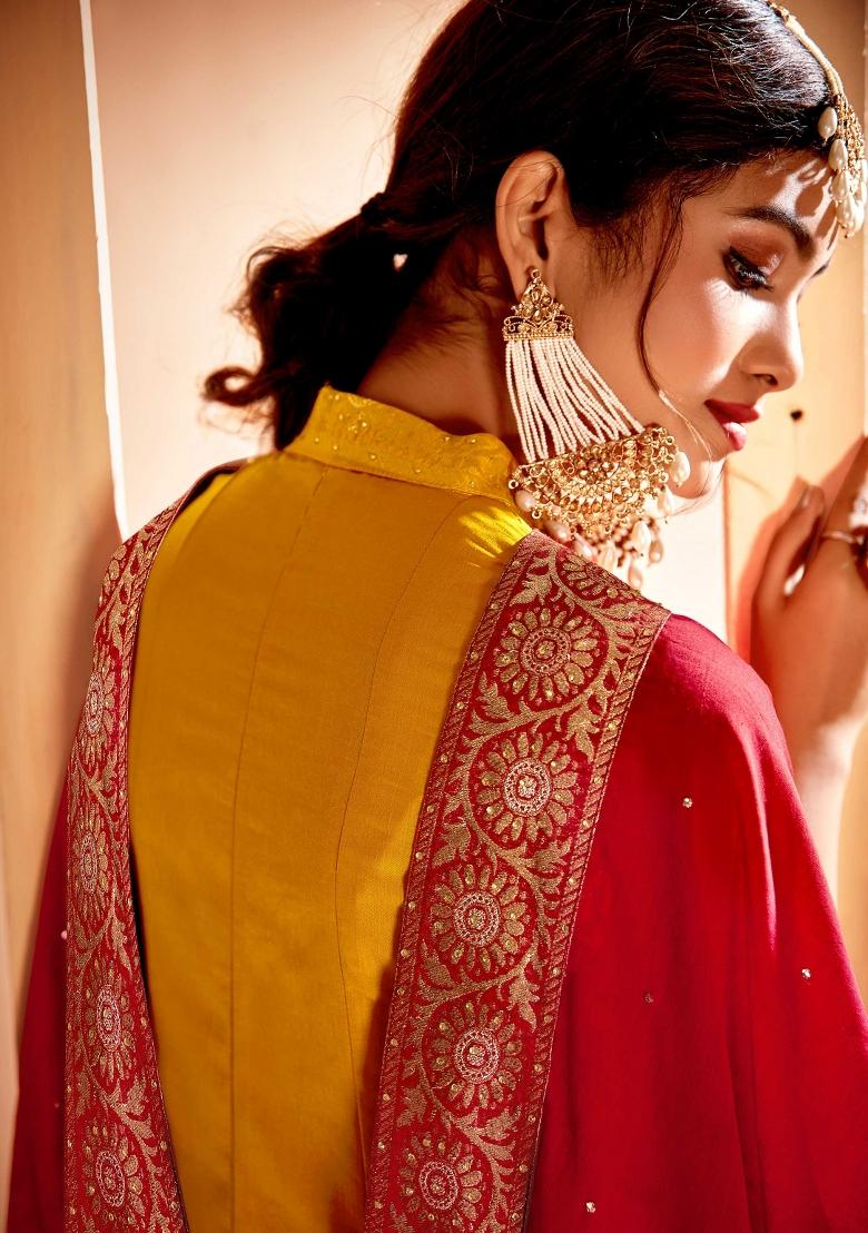 Mustard Embroidered Georgette Kurta Set - Indya