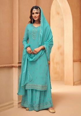 Blue Embroidered Georgette Kurta Set