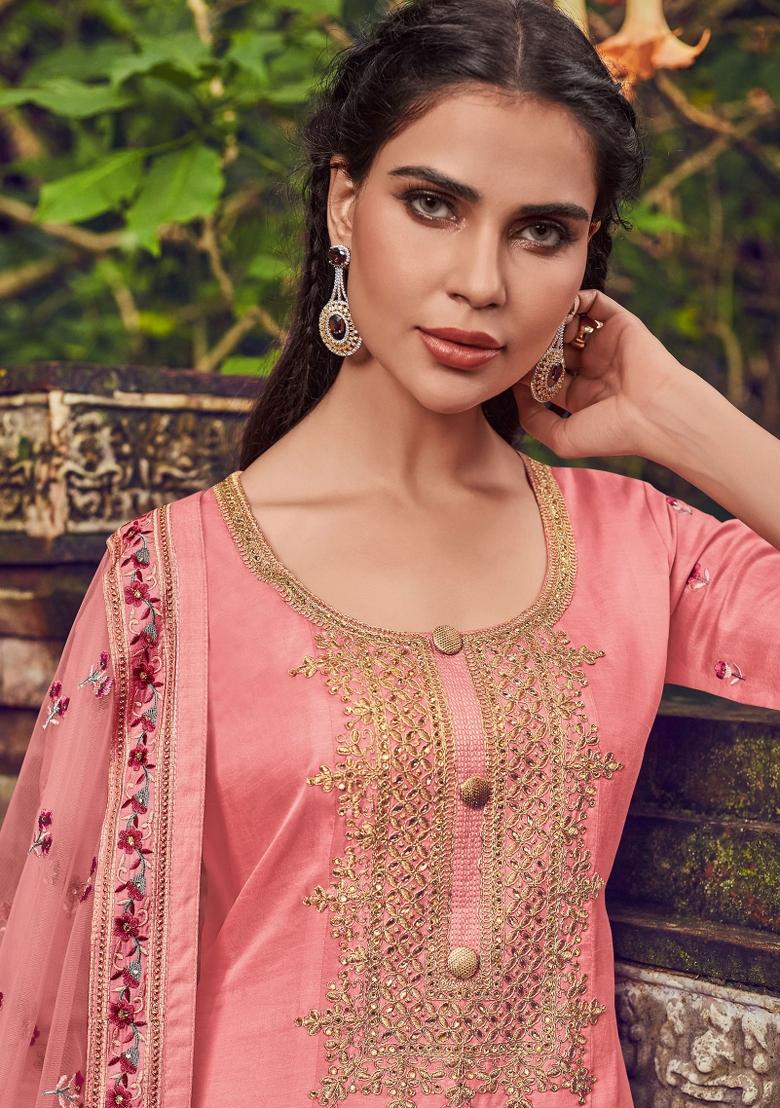 Pink Embroidered Silk Kurta Set - Indya