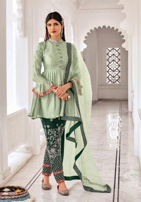 Green Embroidered Chinon Kurta Set
