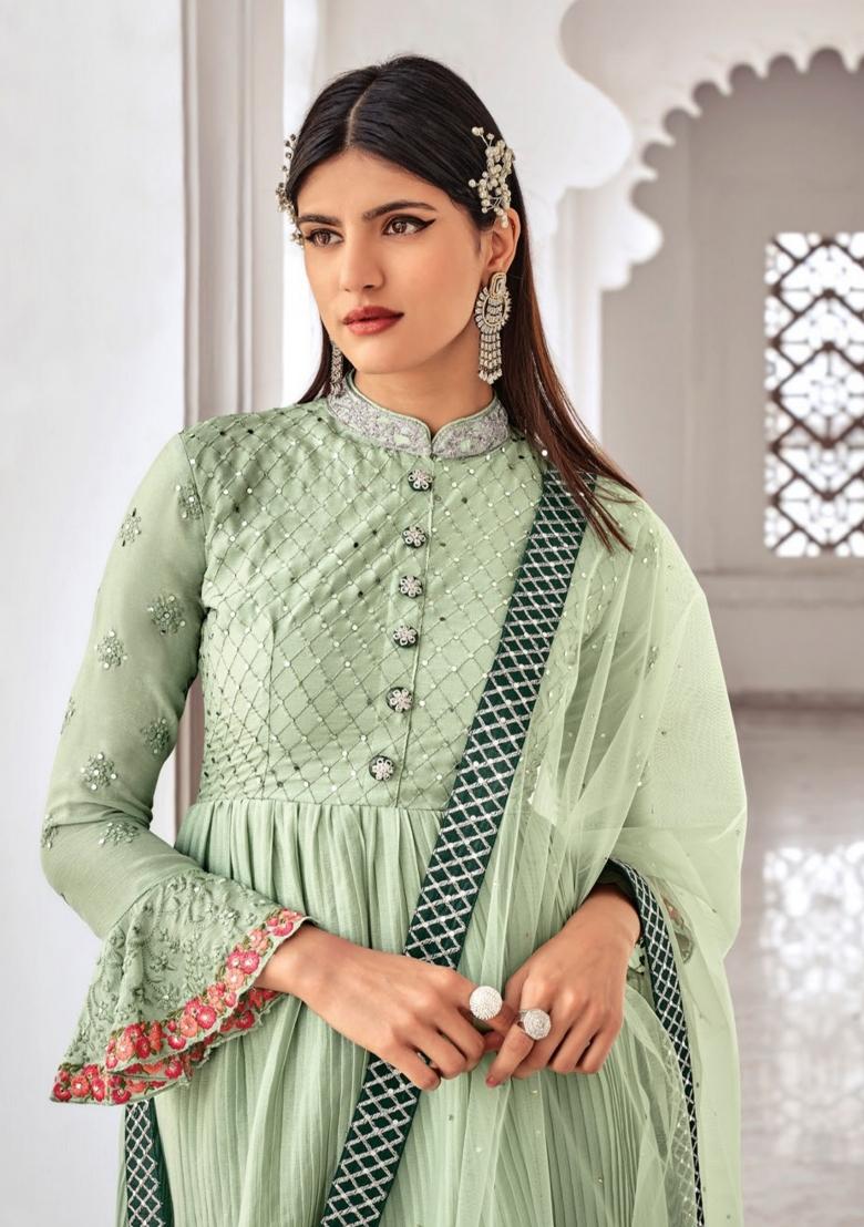 Green Embroidered Chinon Kurta Set - Indya