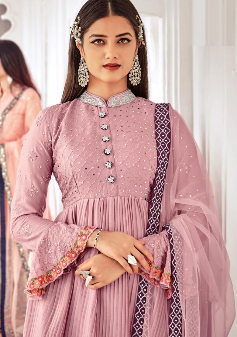 Fawn Embroidered Chinon Kurta Set - Indya