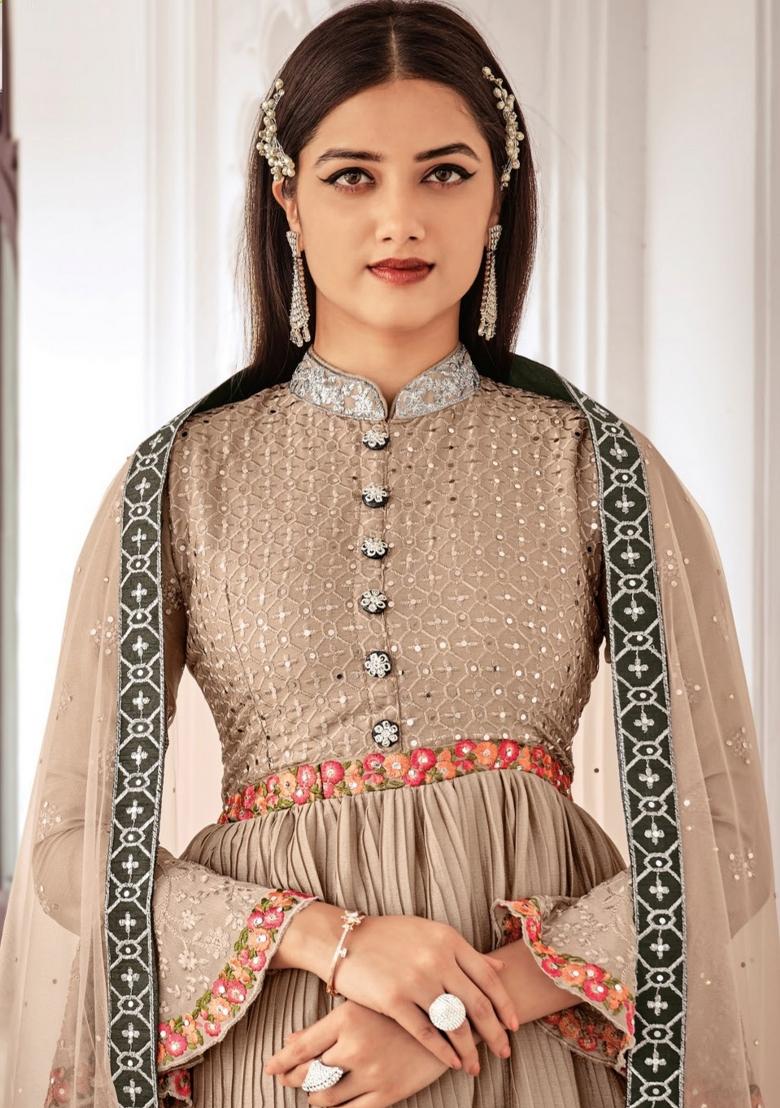 Mauve Embroidered Chinon Kurta Set - Indya