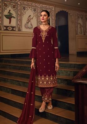 Maroon Embroidered Georgette Kurta Set
