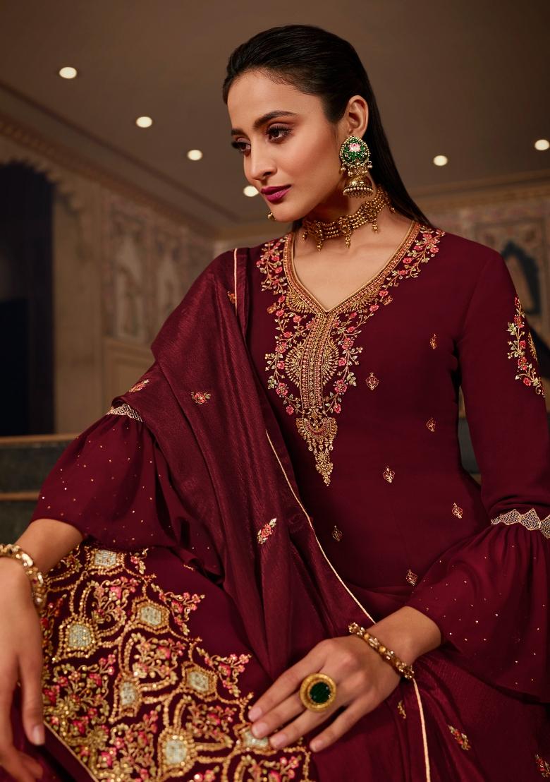 Maroon Embroidered Georgette Kurta Set - Indya