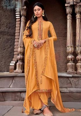 Mustard Embroidered Silk Kurta Set
