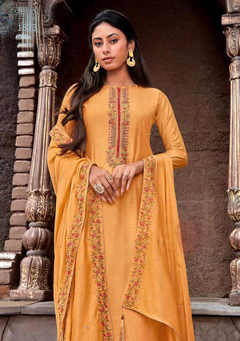 Mustard Embroidered Silk Kurta Set - Indya