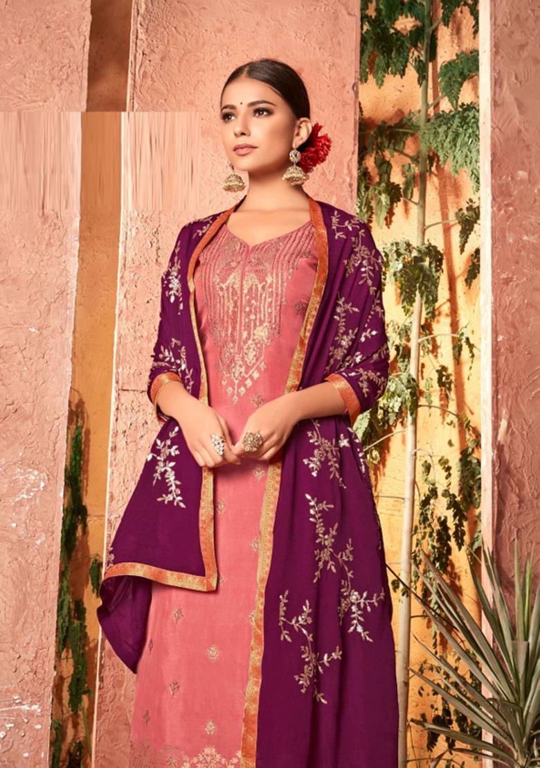 Pink Embroidered Dola Jacquard Kurta Set - Indya