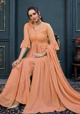 Orange Embroidered Georgette Kurta Set