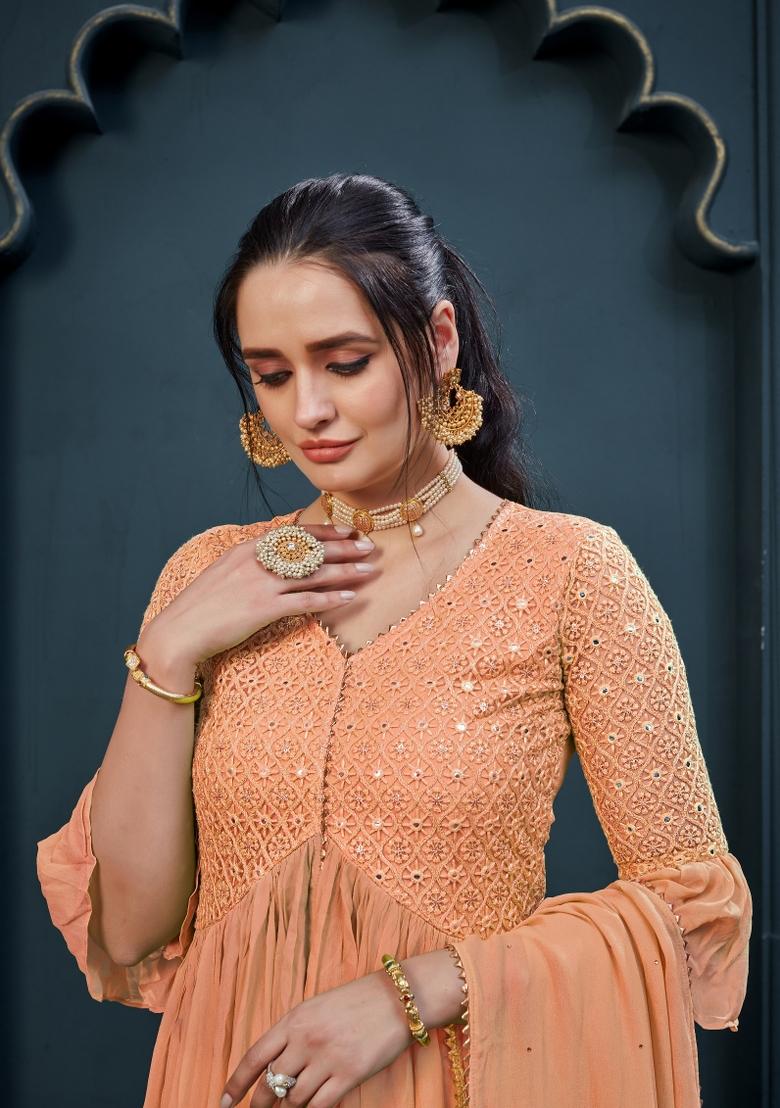 Orange Embroidered Georgette Kurta Set - Indya