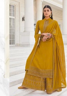 Mustard Embroidered Georgette Kurta Set