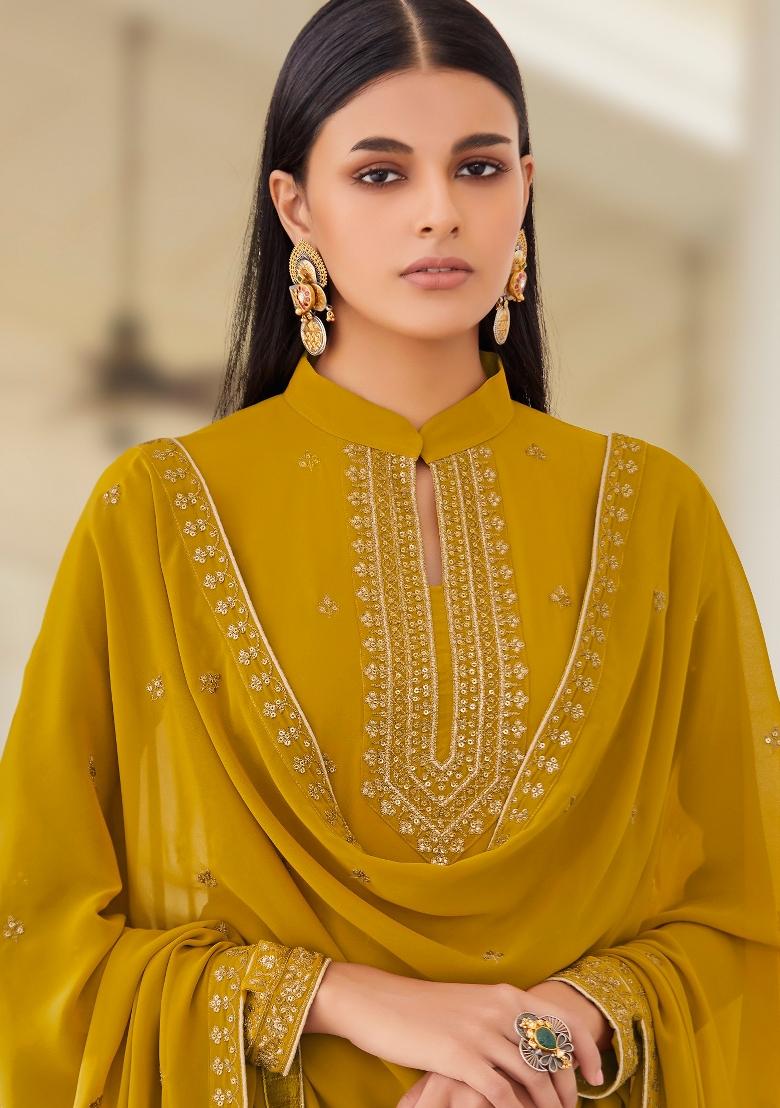 Mustard Embroidered Georgette Kurta Set - Indya