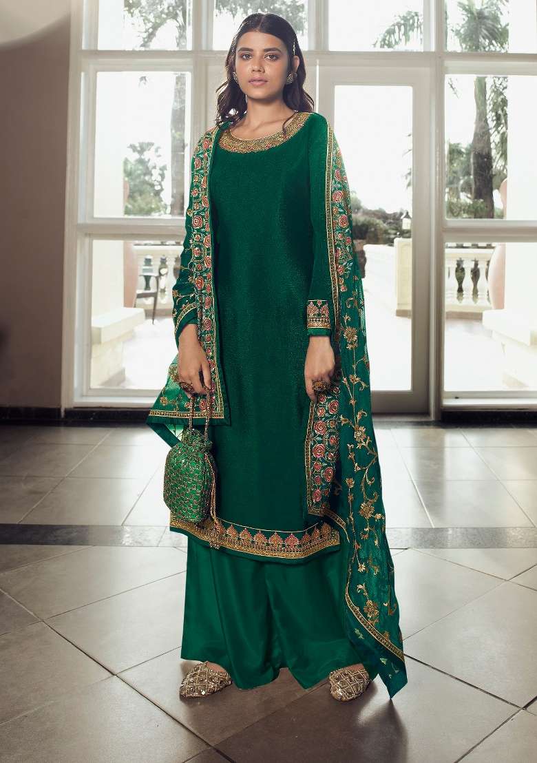 Green Embroidered Chinon Kurta Set - Indya