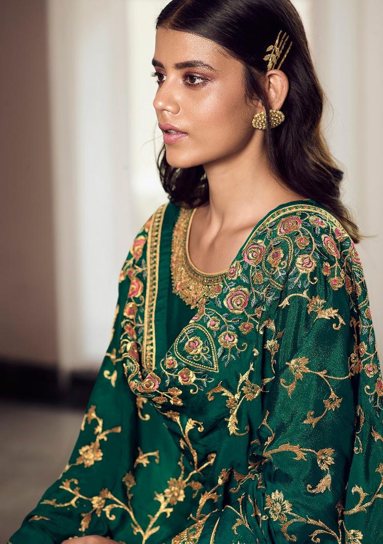 Green Embroidered Chinon Kurta Set - Indya