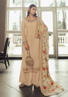 Beige Embroidered Chinon Kurta Set