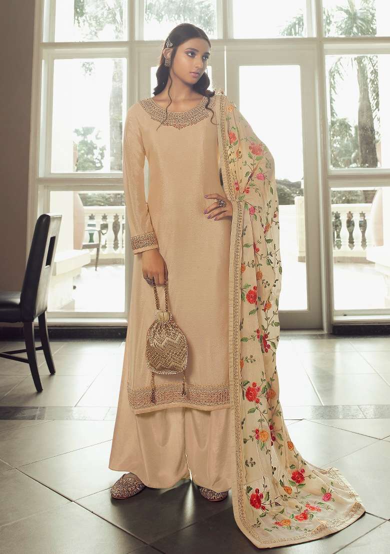 Beige Embroidered Chinon Kurta Set - Indya