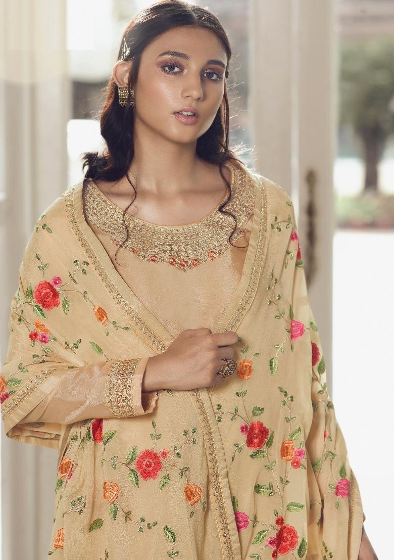 Beige Embroidered Chinon Kurta Set - Indya