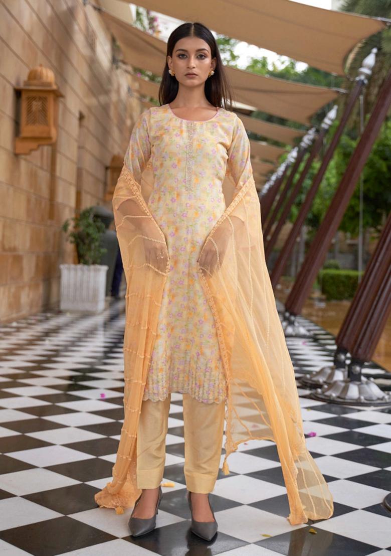 Orange Embroidered Silk Kurta Set - Indya