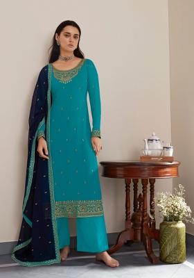 Blue Embroidered Georgette Kurta Set