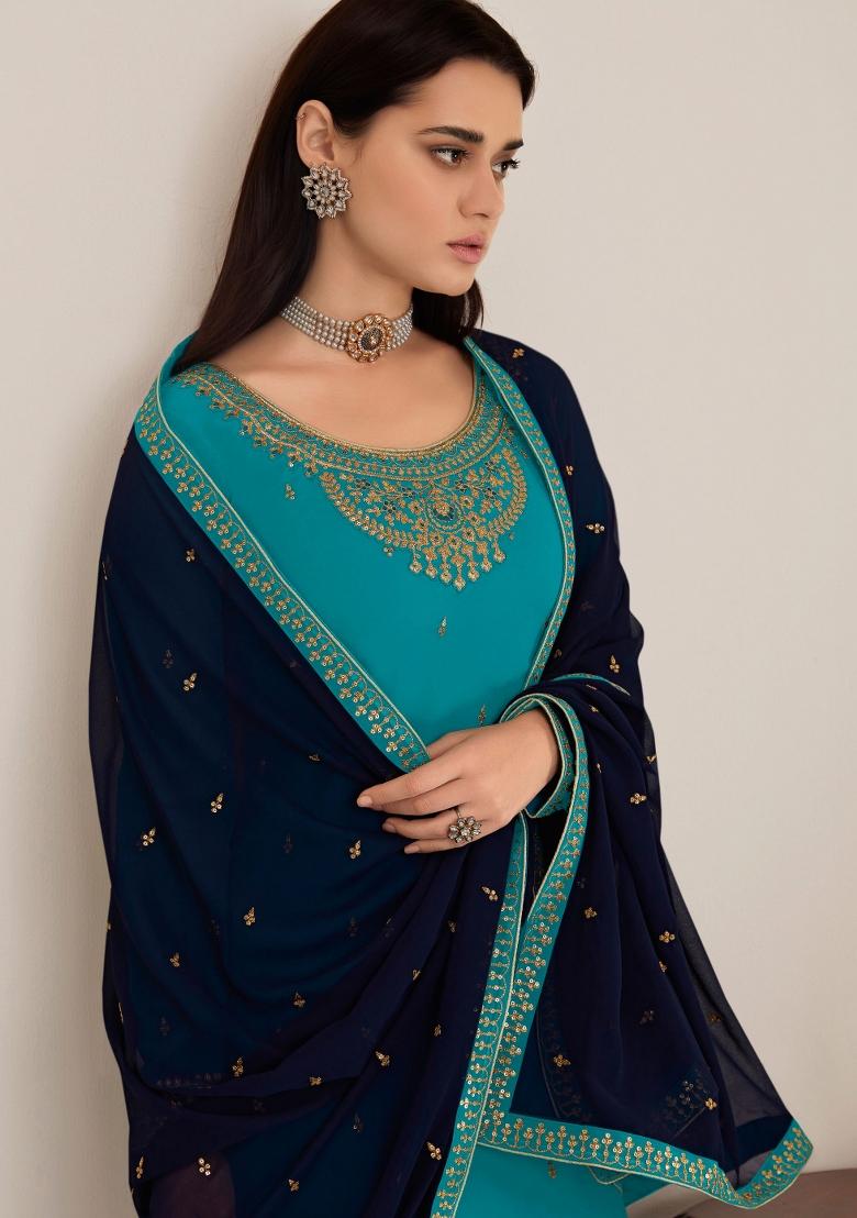 Blue Embroidered Georgette Kurta Set - Indya