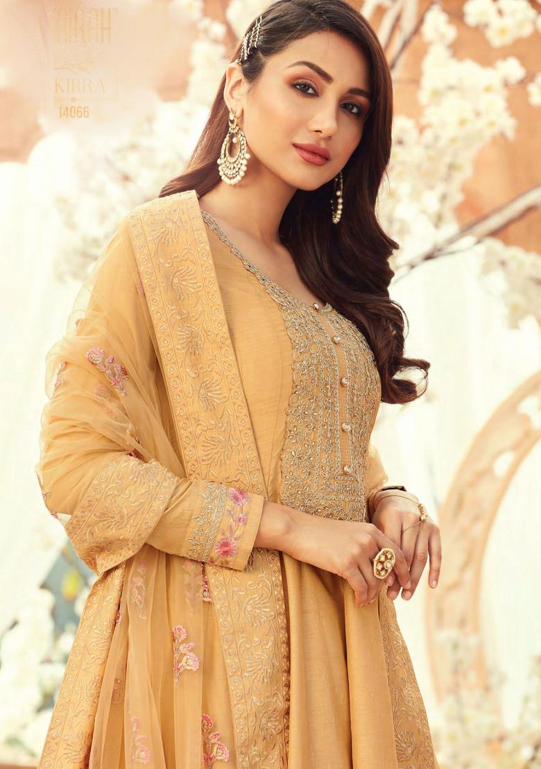 Light Orange Embroidered Silk Kurta Set - Indya