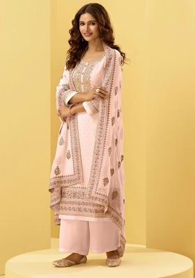 Peach Embroidered Georgette Kurta Set