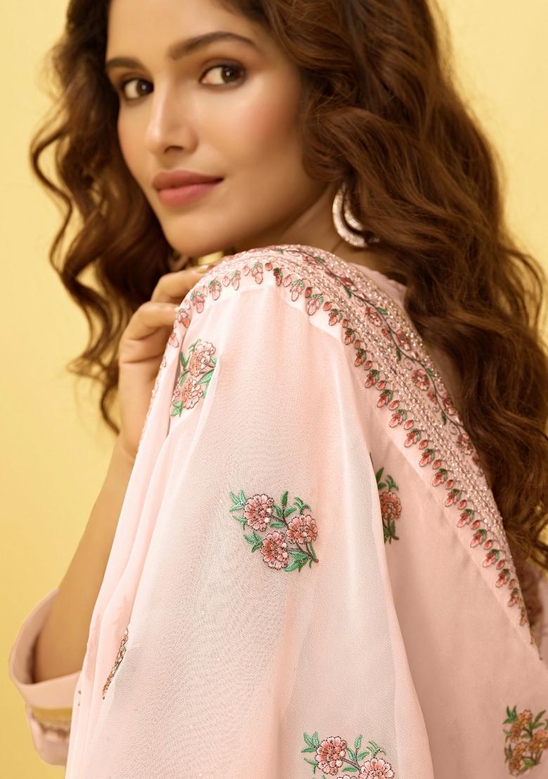 Peach Embroidered Georgette Kurta Set - Indya
