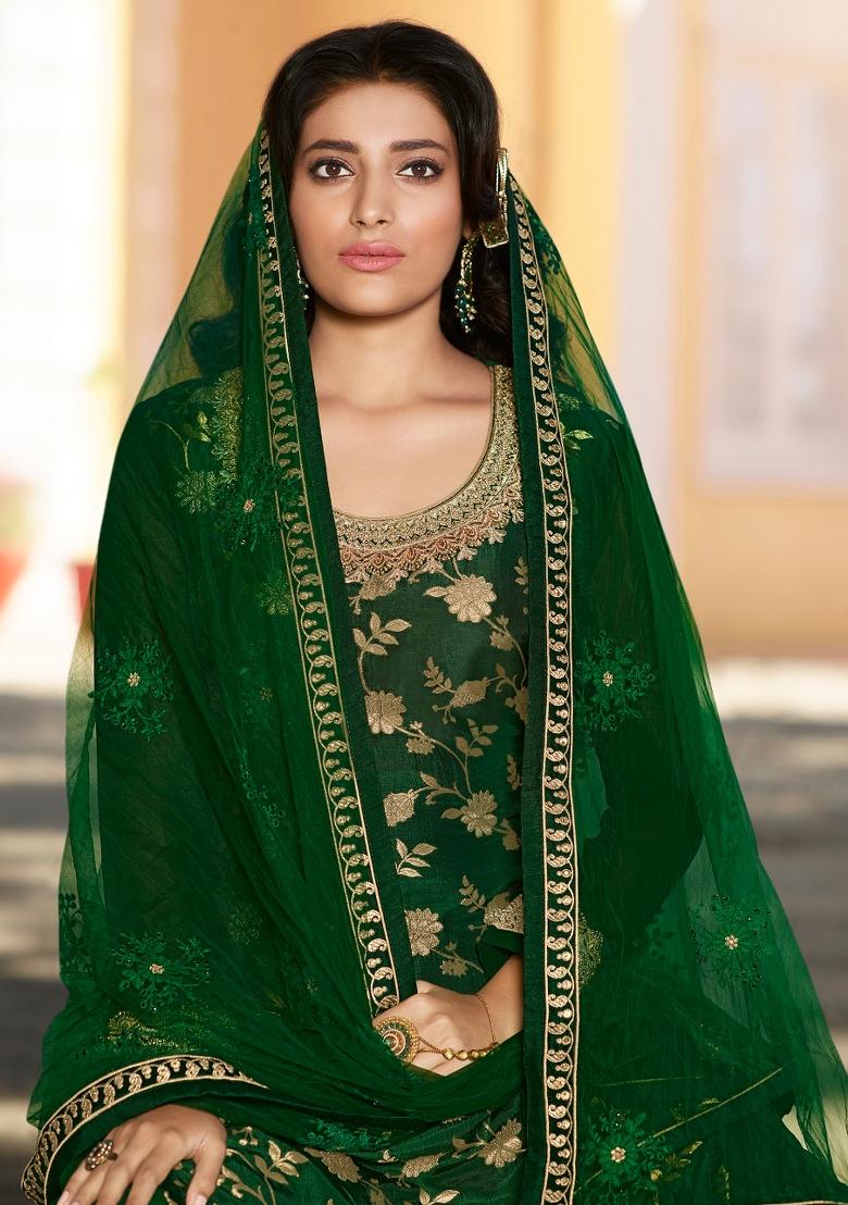 Green Embroidered Jacquard Kurta Set - Indya