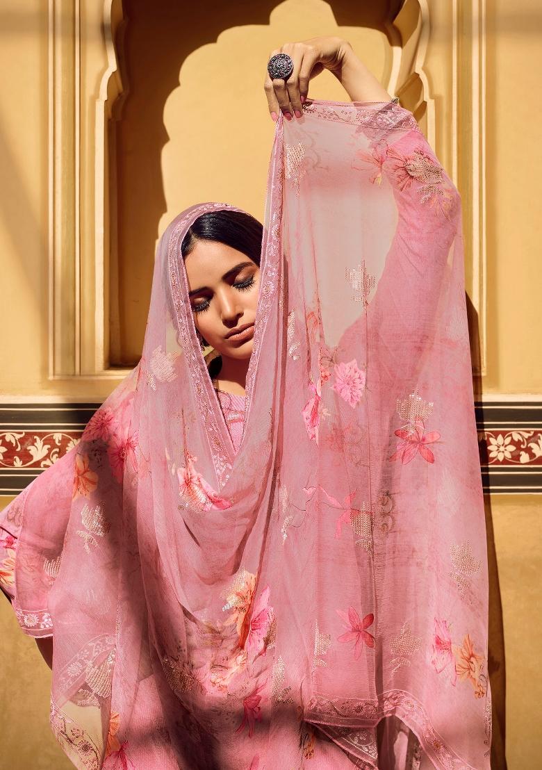 Pink Printed Georgette Kurta Set - Indya