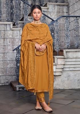 Mustard Yellow Embroidered Muslin Kurta Set