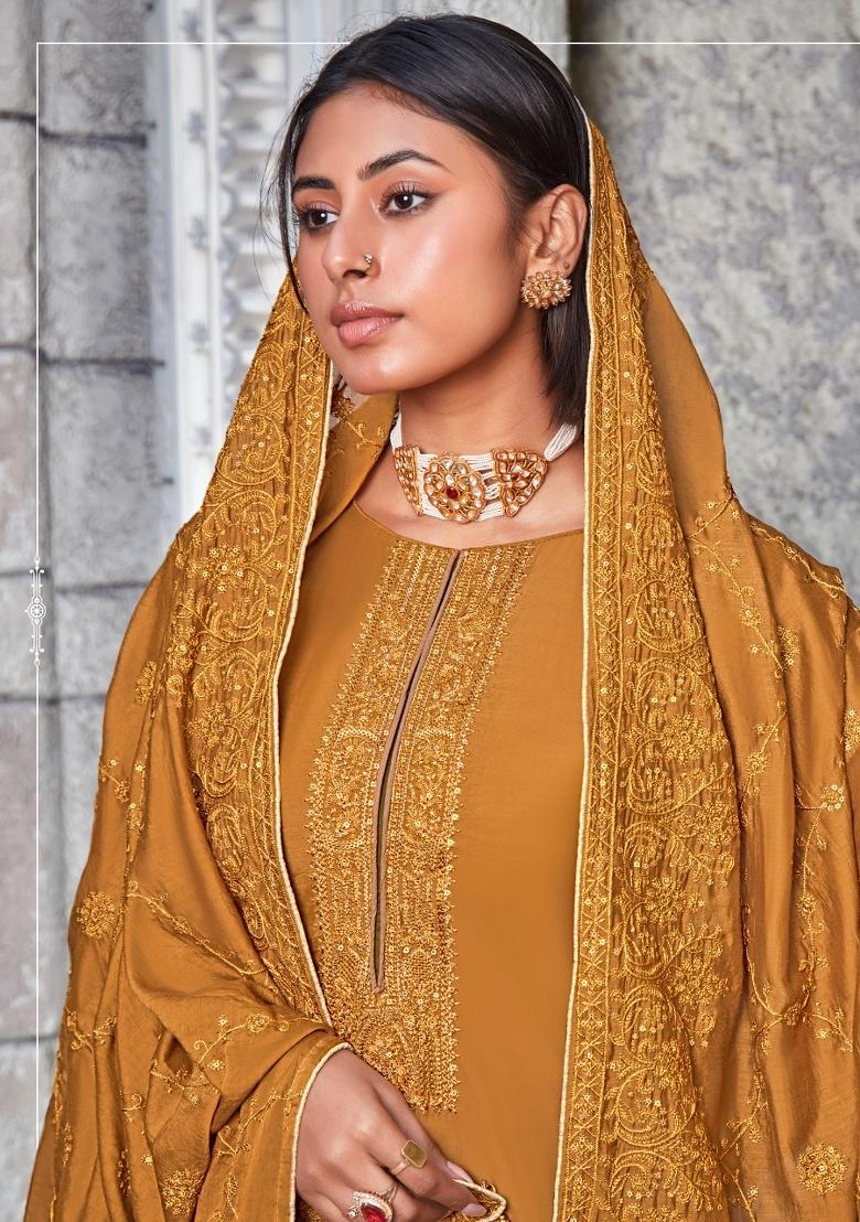 Mustard Yellow Embroidered Muslin Kurta Set - Indya