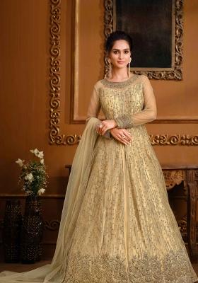 Beige Embroidered Net Kurta Set