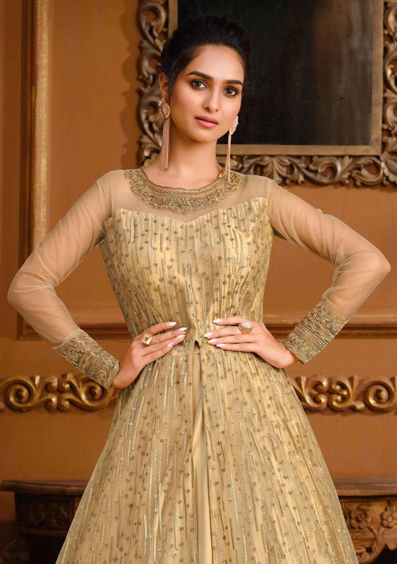 Beige Embroidered Net Kurta Set - Indya