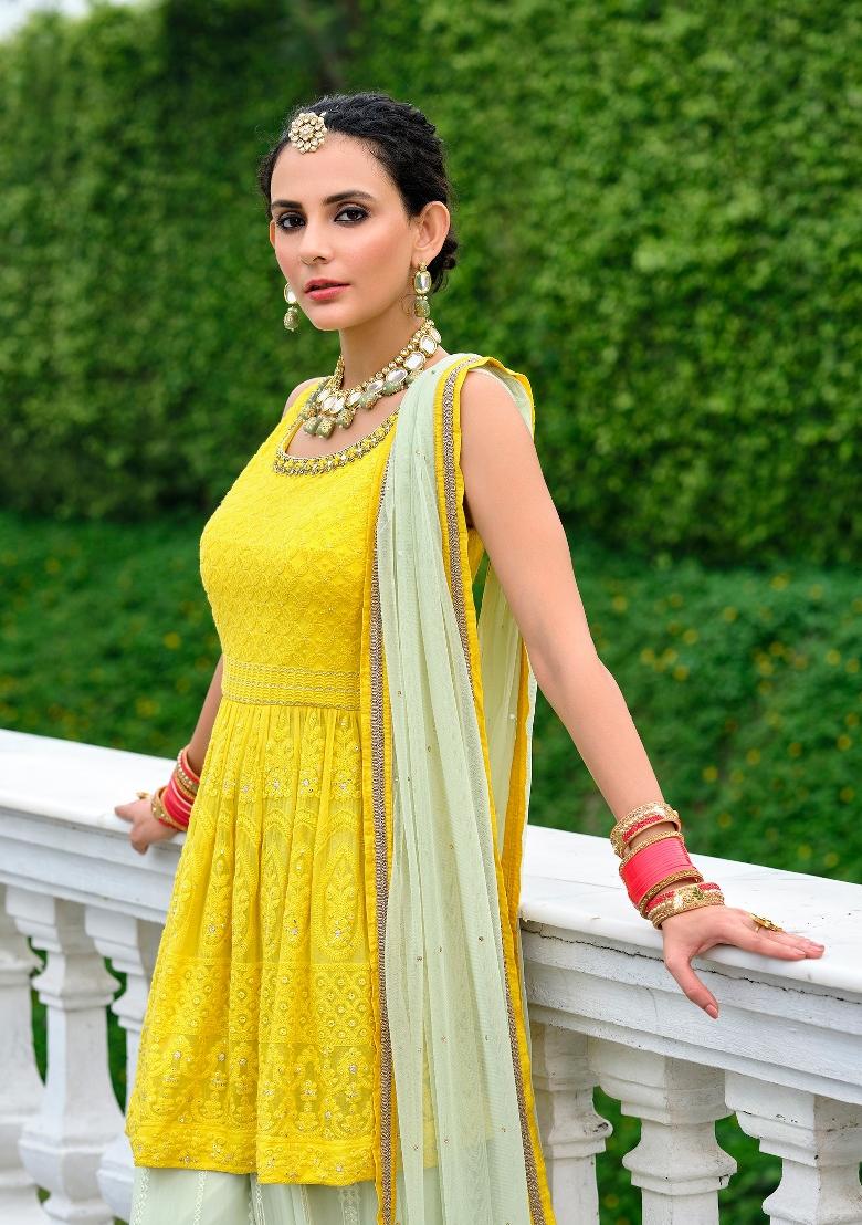 Yellow Embroidered Georgette Kurta Set - Indya