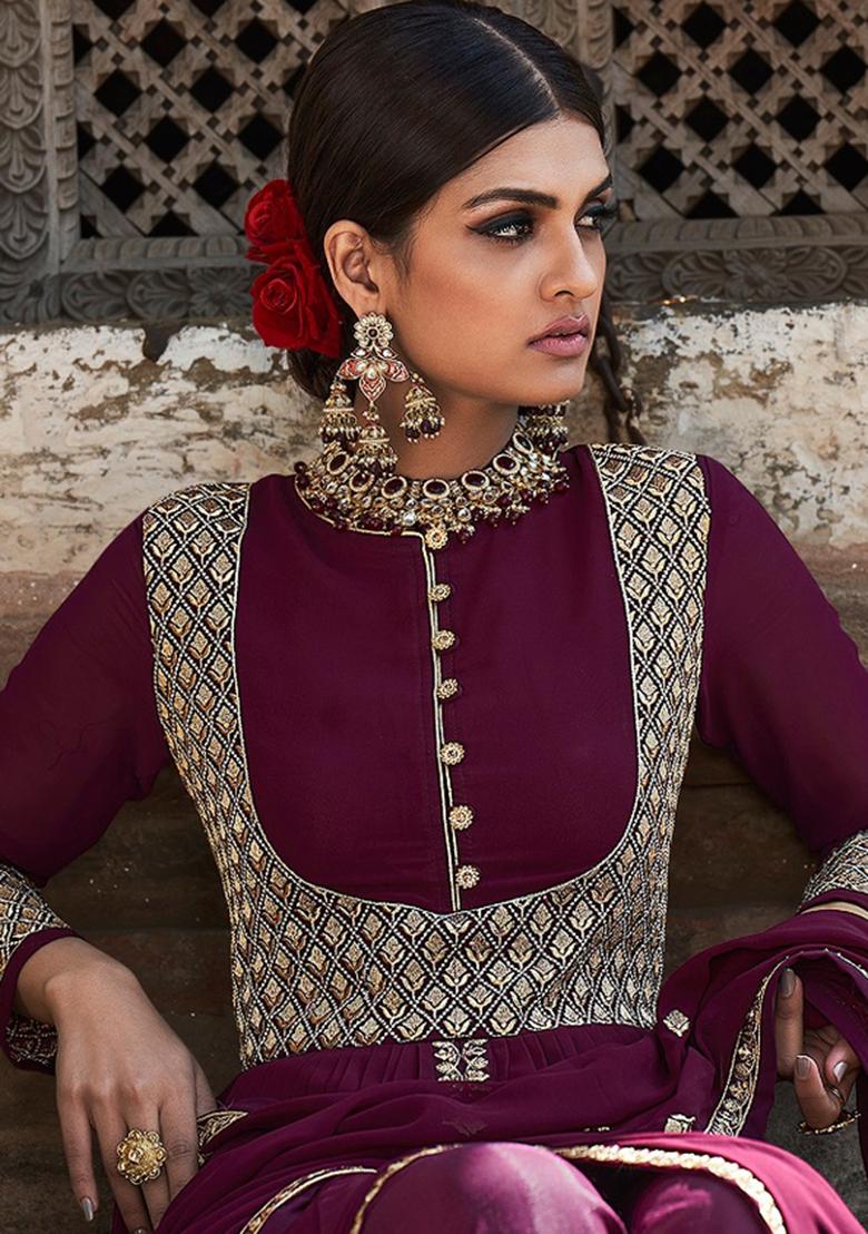 Purple Embroidered Georgette Kurta Set - Indya