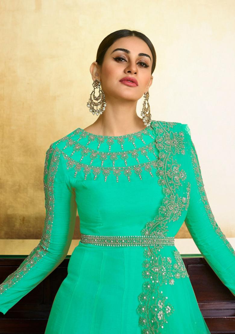 Green Embroidered Silk Kurta Set - Indya