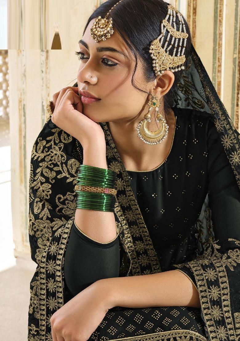 Black Embroidered Georgette Kurta Set - Indya