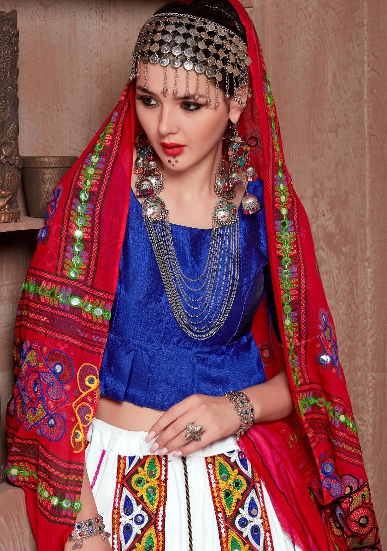 Blue Embroidered Silk Lehenga Set - Indya