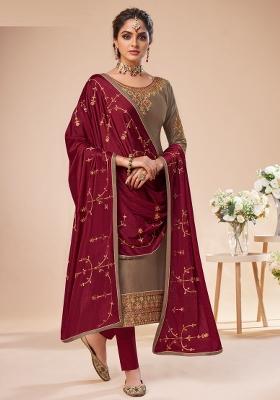 Beige Embroidered Silk Kurta Set