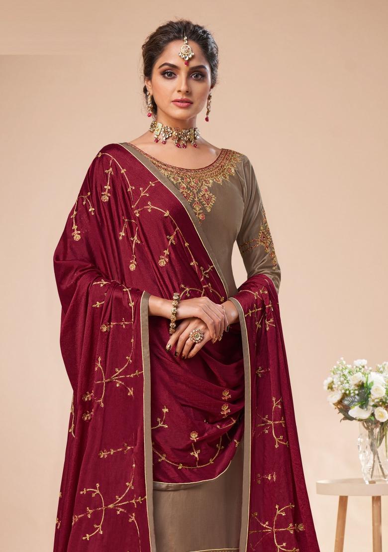 Beige Embroidered Silk Kurta Set - Indya