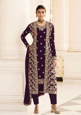 Wine Embroidered Georgette Kurta Set