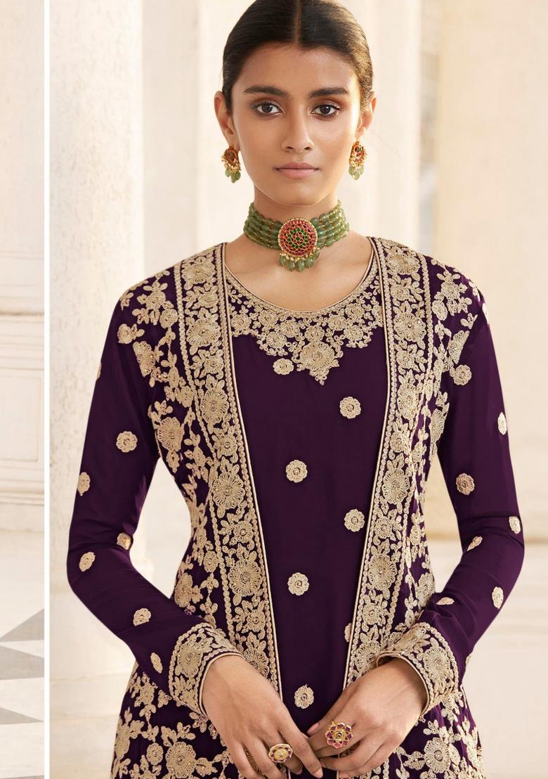 Wine Embroidered Georgette Kurta Set - Indya