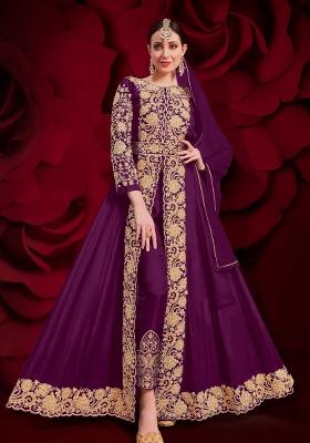 Wine Embroidered Georgette Kurta Set