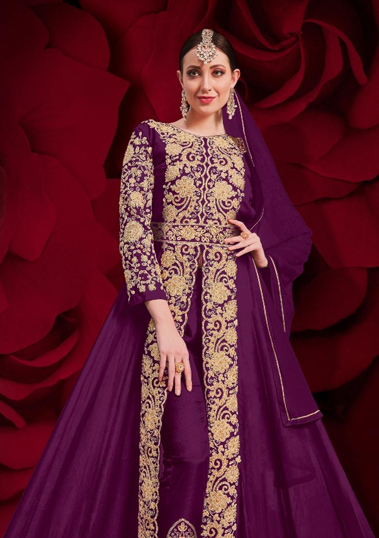 Wine Embroidered Georgette Kurta Set - Indya