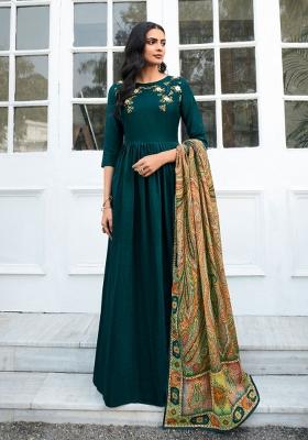 Teal Blue Embroidered Muslin Kurta Set