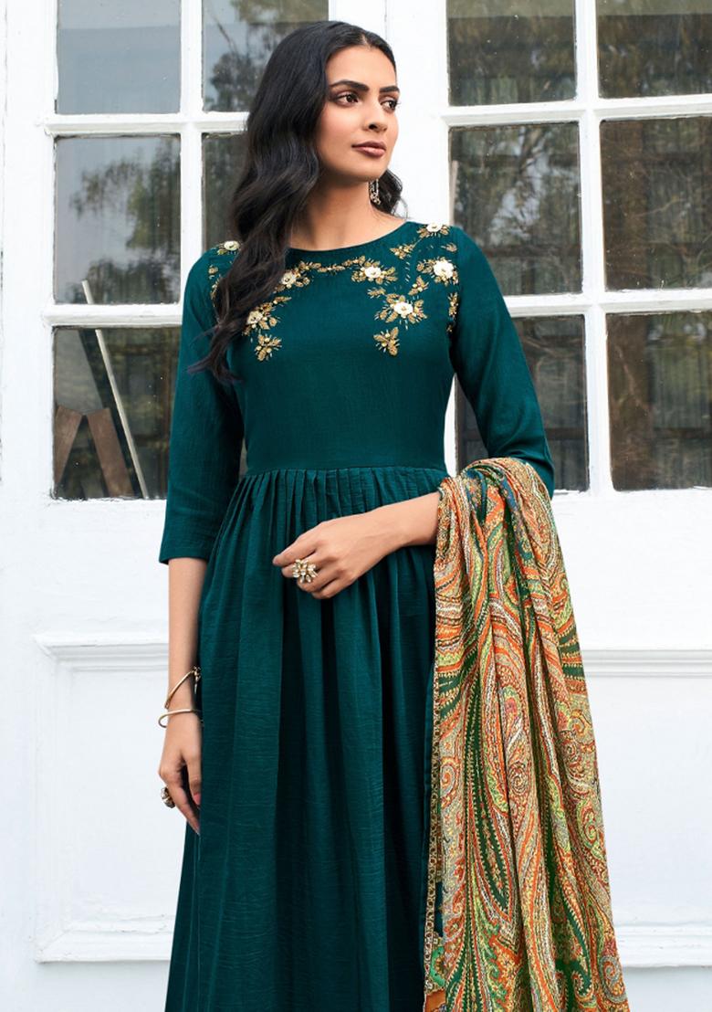 Teal Blue Embroidered Muslin Kurta Set - Indya