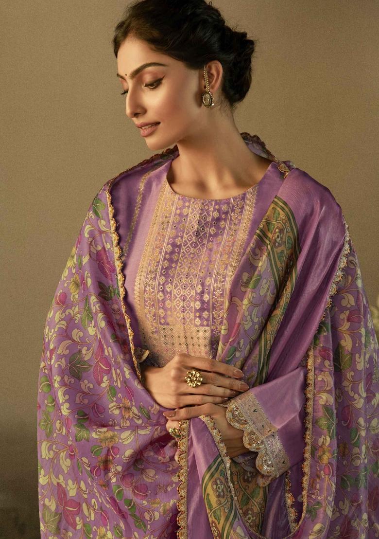 Lavender Embroidered Silk Kurta Set - Indya